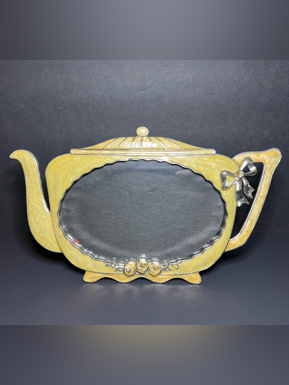 VTG Decorative Ivory Pink Enamel Floral Ornate Teapot Single Photo Picture Frame